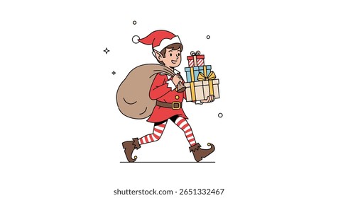 Christmas elf delivering gifts with sack and presents on snowy day