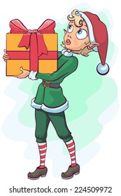 Christmas elf delivers a box with a gift. Vector cartoon illustration