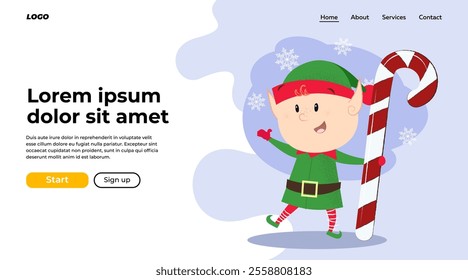 Christmas elf design element for landing page. Illustration of elf in green costume holding candy cane and dancing. Christmas, fairy tales, celebration can be used for website or banner