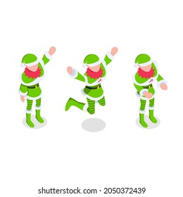 Christmas elf in different poses. Little Santa Claus helper. Holiday isometric character on white background.