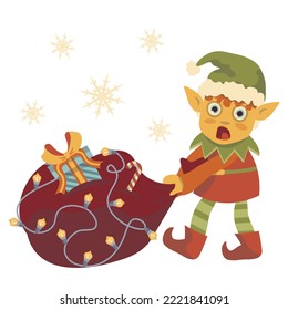christmas elf dragging a big bag with gifts vector christmas new year