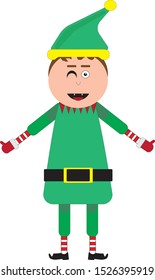 Christmas elf dressed in green on white background