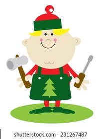 Christmas elf dressed in green with workshop tools
