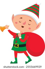 Christmas elf dressed in vibrant red and green attire, joyfully ringing a golden bell while carrying a red bag overflowing with festive gifts against a clean white background