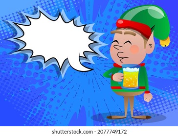 Christmas Elf drinking beer. Vector cartoon character illustration of Santa Claus's little worker, helper.
