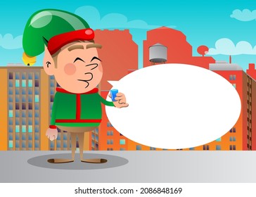 Christmas Elf drinking brandy. Vector cartoon character illustration of Santa Claus's little worker, helper.