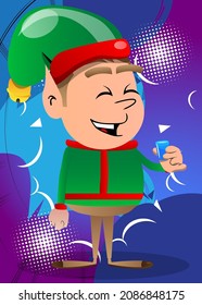 Christmas Elf drinking brandy. Vector cartoon character illustration of Santa Claus's little worker, helper.