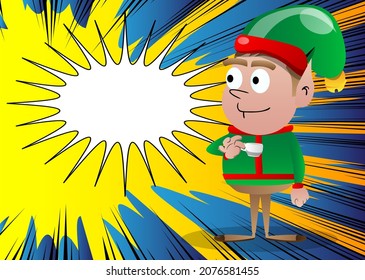 Christmas Elf drinking coffee. Vector cartoon character illustration of Santa Claus's little worker, helper.