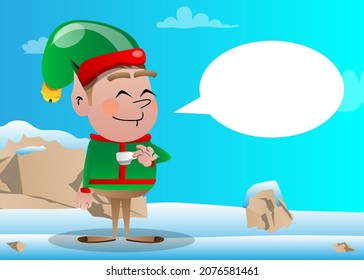 Christmas Elf drinking coffee. Vector cartoon character illustration of Santa Claus's little worker, helper.