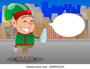 Christmas Elf drinking water from a glass bottle. Vector cartoon character illustration of Santa Claus's little worker, helper.
