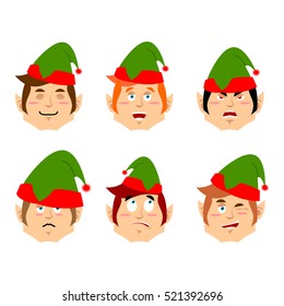 Christmas elf emoji. emotion set. Aggressive and good helper of Santa Claus. Surprised and sleep little man in green suit. XMAS avatar 
