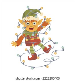 christmas elf entangled in a garland vector character christmas new year