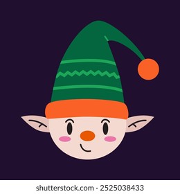 Christmas elf face, cute character. Santa Claus helper. Trendy modern vector illustration, hand drawn, flat