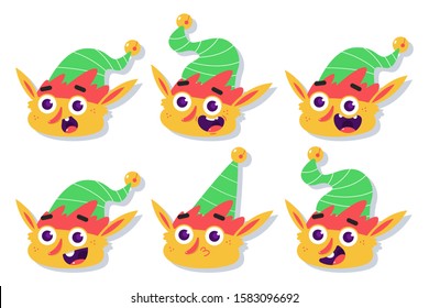 Christmas Elf face with different emotions vector cartoon set isolated on a white background.