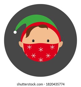 Christmas Elf In Face Mask. Vector Icon.