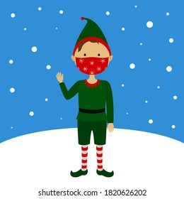 El elfo de Navidad con máscara facial. Ilustración vectorial.