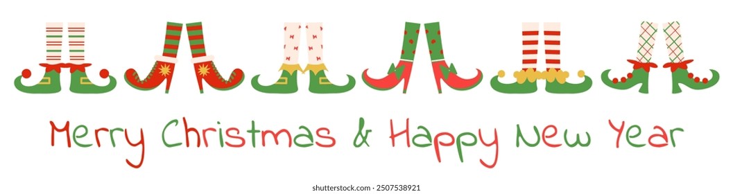 Christmas elf feet banner. Dwarf foot wear striped socks and cute boots and shoes. Legs different poses, winter holidays nowaday vector background