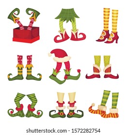 Christmas Elf Feet. Dwarf Legs Wearing Funny Striped Socks and Boots