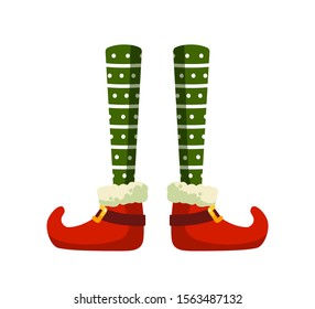 Christmas elf feet flat vector illustration. Little santa helper, funny medieval clown costume part. Green stockings and shoes with buckles isolated on white background. Festive outfit item.