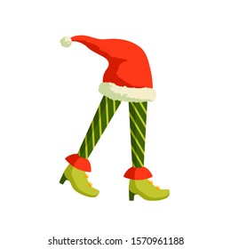 Christmas Elf feet and Santa hat vector illustration. Santa helper, leprechaun cartoon character. Female elfin legs in striped tights and high heel shoes isolated on white background.