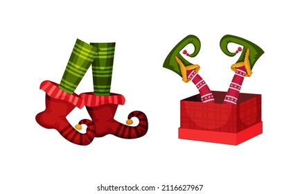 Christmas elf feet set. Shoes for gnome or leprechaun legs with funny socks and boots. Xmas holiday decor elements vector illustration