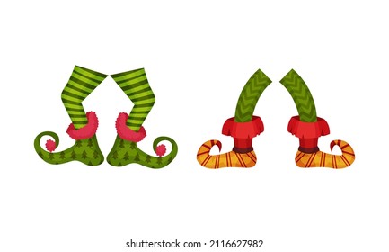 Christmas elf feet set. Shoes for gnome or leprechaun legs. Xmas holiday decor elements vector illustration