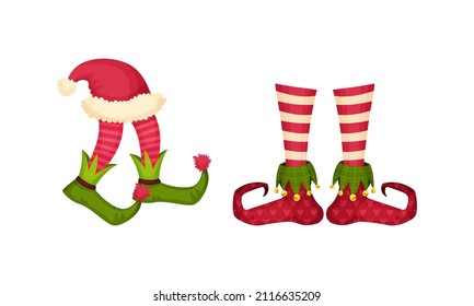 Christmas elf feet set. Shoes for gnome or leprechaun legs. Xmas holiday decor elements vector illustration
