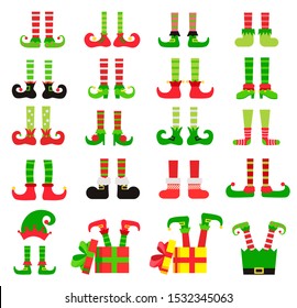 Christmas elf feet set, vector illustration. Collection of cute elves legs, boots, socks.  Santa helpers shoes and pants. With gifts, presents, hat. Isolated on white background