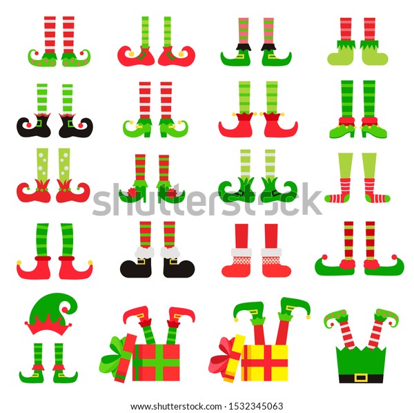 クリスマスエルフの足セット ベクターイラスト かわいいエルフの脚 ブーツ 靴下のコレクション サンタヘルパーは靴とパンツ 贈り物 贈り物 帽子 白い背景に分離型 のベクター画像素材 ロイヤリティフリー