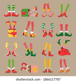 Christmas elf feet. Shoes for the feet of elves, the leg of the gnome's helpers of Santa Claus in a set of pants. Shoes, funny striped socks and boots. Vector illustration