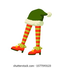 Christmas elf feet in striped socks flat vector illustration. Santa helper with green new year hat. Xmas folklore creature cartoon character. Funny elfin legs in boots isolated on white background.