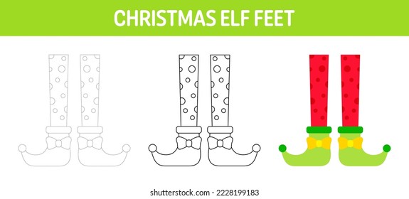 Christmas Elf Feet tracing and coloring worksheet for kids