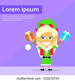 Christmas Elf Female Cartoon Character Little Girl Santa Helper Flat Vector Illustration