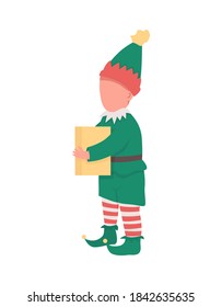 Christmas elf flat color vector faceless character. Boy in festive costume. Kid with present. Santa Claus workshop isolated cartoon illustration for web graphic design and animation