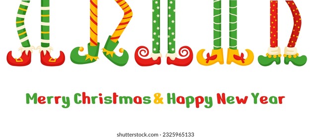 Christmas elf foot congratulation banner. Dwarf legs dancing in stripes bright socks and pants. Cartoon xmas holidays, nowaday vector party graphic