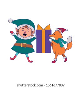 christmas elf and fox with gift box icon over white background, vector illustration