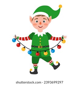 Christmas elf with garland in hands. Vector illustration.