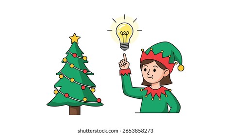 Christmas elf gets brilliant idea for holiday decorations next to decorated pine tree
