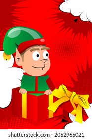 Christmas Elf in a gift box. Vector cartoon character illustration of Santa Claus's little worker, helper.