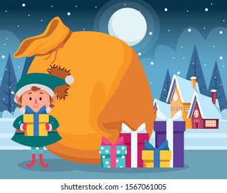 christmas elf with gift boxes and big bag over winter night background, colorful design , vector illustration