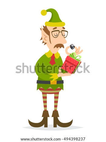 Christmas Elf Gift Character Quality Check Process Icon Retro Cartoon Vector Illustration