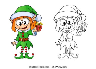 Christmas elf with gift. Merry Christmas and Happy New Year. Black and white vector illustration for coloring book with example in color