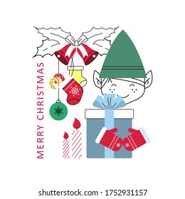 Christmas elf with a gift. Mistletoe with bells, Christmas sock, and candy. Winter holiday symbol, new year card, design element for greetings or invitations. New Year poster. 
