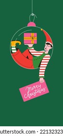 Christmas elf with gift present. Santa's helper holding holiday gift. Boy elf with green costume sitting in Christmas ball. Merry Xmas illustration for congratulation card, banner, flayer, poster.