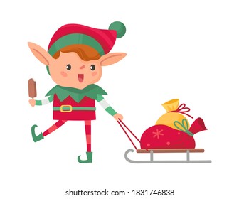 Christmas elf with gift. Santa Claus cute fantasy helper carrying gifts on sled for winter holidays, adorable dwarf eating ice-cream new year celebration vector cartoon character isolated on white