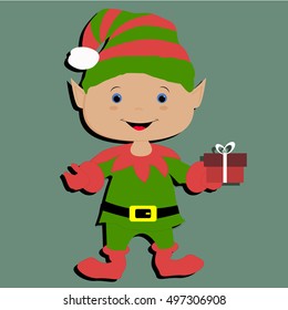 Christmas elf with gift, template postcard greeting. new year vector illustration