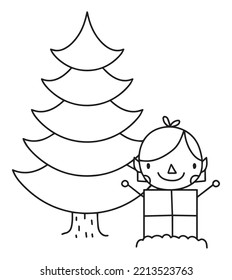 Regalo del elfo de Navidad e ilustración del vector de árbol