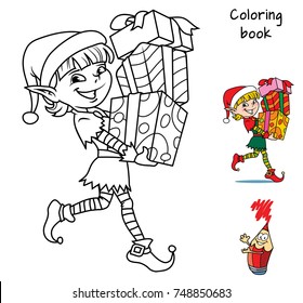 Christmas elf with gifts. Coloring book. Cartoon vector illustration