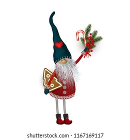 Christmas Elf with gifts, cookies and sweets. Scandinavian folk character - Nisser in Norway and Denmark, Tomtar in Sweden or Tonttu, Tomte in Finnish. Vector illustration isolated on white