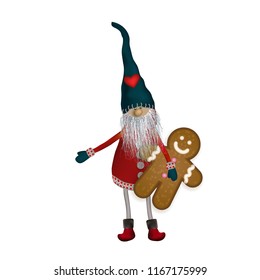 Christmas Elf with gifts, cookies and sweets. Scandinavian folk character - Nisser in Norway and Denmark, Tomtar in Sweden or Tonttu, Tomte in Finnish. Vector illustration isolated on white